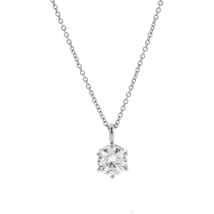 14K White Gold 1ct Round Lab Diamond 6 Round Prongs Basket Setting Pendant Necklace - FIORESE JEWELRY