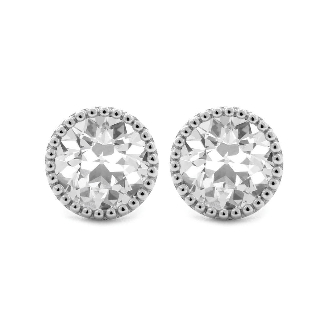 14K White Gold 2 ct tw Old European Cut Lab Diamond Millegrain Stud Earrings - FIORESE JEWELRY
