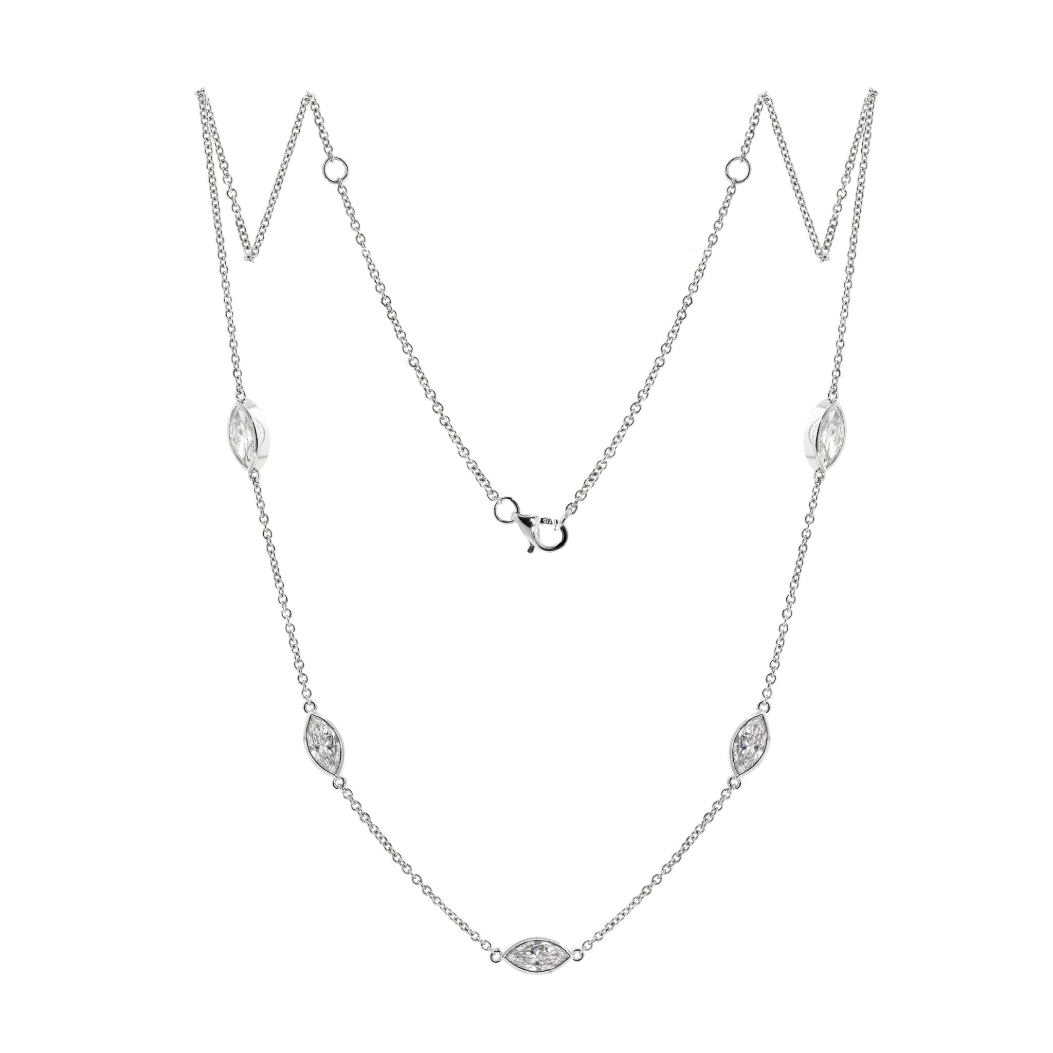 14K White Gold 2.5 ct tw Marquise Cut Lab Diamond Bezel 5 - Stone Station Necklace - FIORESE JEWELRY