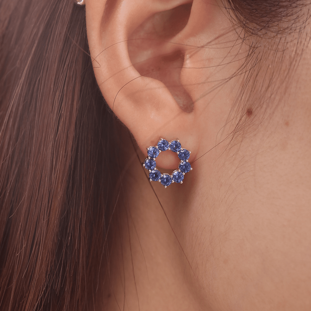 14K White Gold 2.5 ct tw Round Cornflower Lab Sapphire Round Prong Basket Stud Earrings - FIORESE JEWELRY