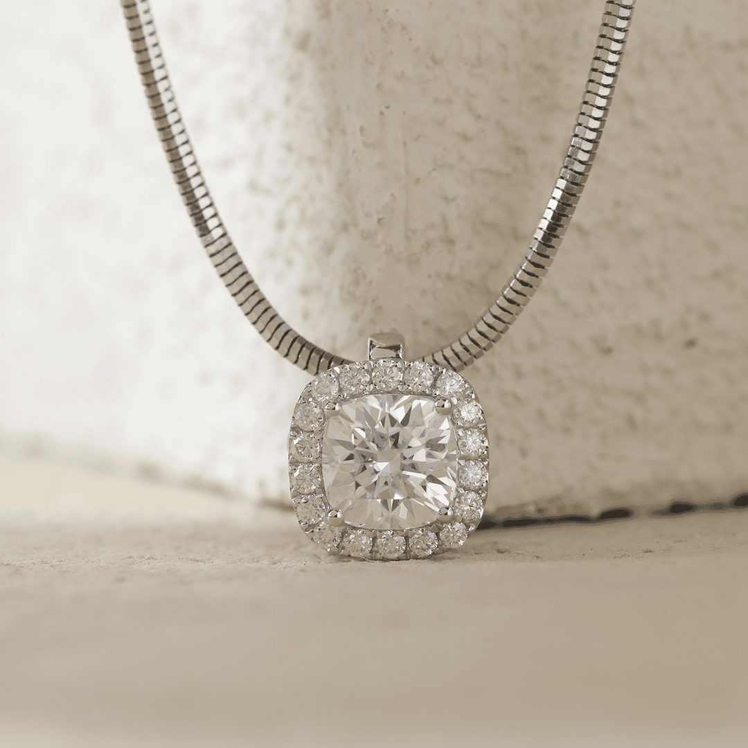 14K White Gold 2ct Cushion Lab Diamond Pendant Necklace with Round Lab Diamond Halo and Snake Chain - FIORESE JEWELRY