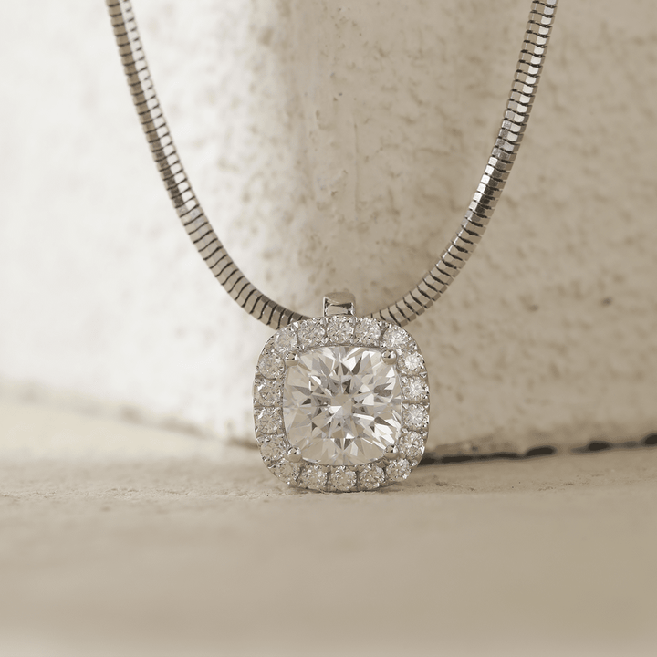 14K White Gold 2ct Cushion Lab Diamond Pendant Necklace with Round Lab Diamond Halo and Snake Chain - FIORESE JEWELRY