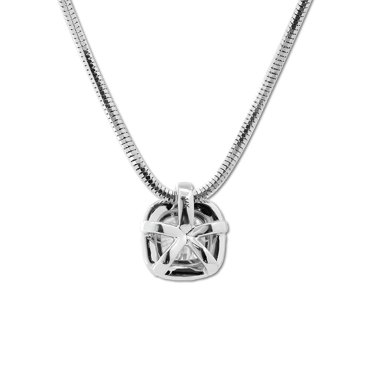 14K White Gold 2ct Cushion Lab Diamond Pendant Necklace with Round Lab Diamond Halo and Snake Chain - FIORESE JEWELRY