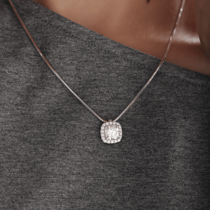 14K White Gold 2ct Cushion Lab Diamond Pendant Necklace with Round Lab Diamond Halo and Snake Chain - FIORESE JEWELRY