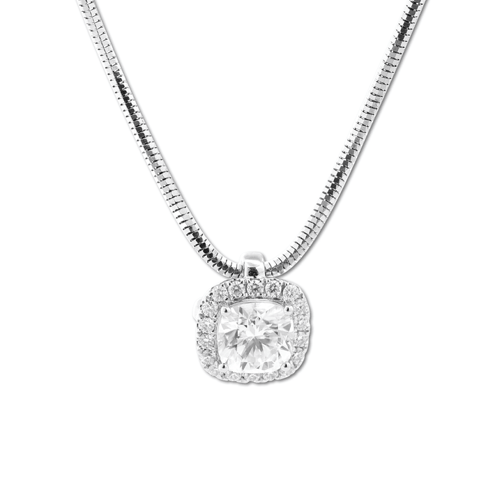 14K White Gold 2ct Cushion Lab Diamond Pendant Necklace with Round Lab Diamond Halo and Snake Chain - FIORESE JEWELRY