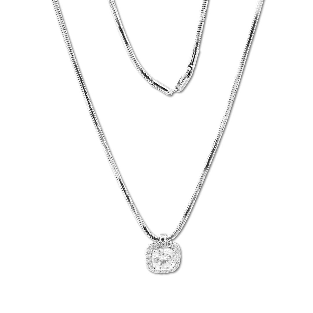 14K White Gold 2ct Cushion Lab Diamond Pendant Necklace with Round Lab Diamond Halo and Snake Chain - FIORESE JEWELRY