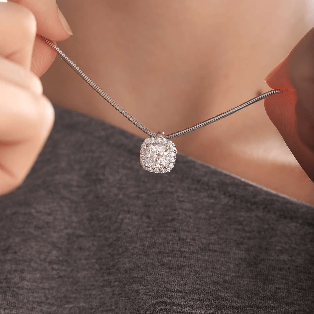 14K White Gold 2ct Cushion Lab Diamond Pendant Necklace with Round Lab Diamond Halo and Snake Chain - FIORESE JEWELRY