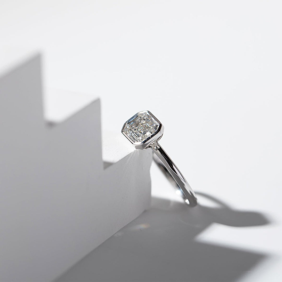 14K White Gold 2ct Emerald Cut Lab Diamond Bezel Solitaire Ring - FIORESE JEWELRY
