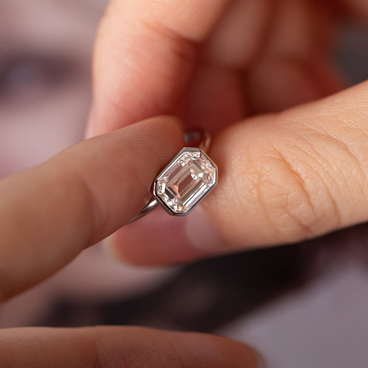 14K White Gold 2ct Emerald Cut Lab Diamond Bezel Solitaire Ring - FIORESE JEWELRY