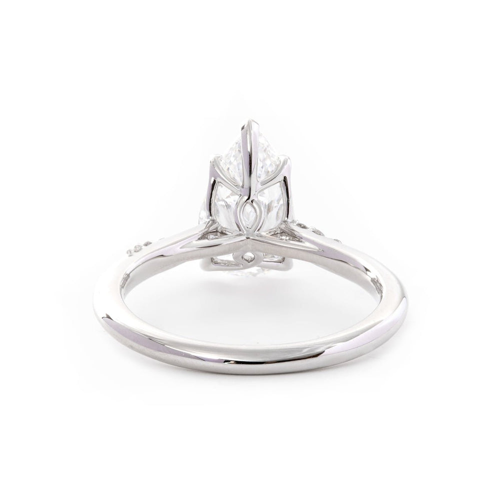 14K White Gold 2ct Pear Cut Lab Diamond Ring with Twist Pave Band and Floral Basket Head Design - FIORESE JEWELRY