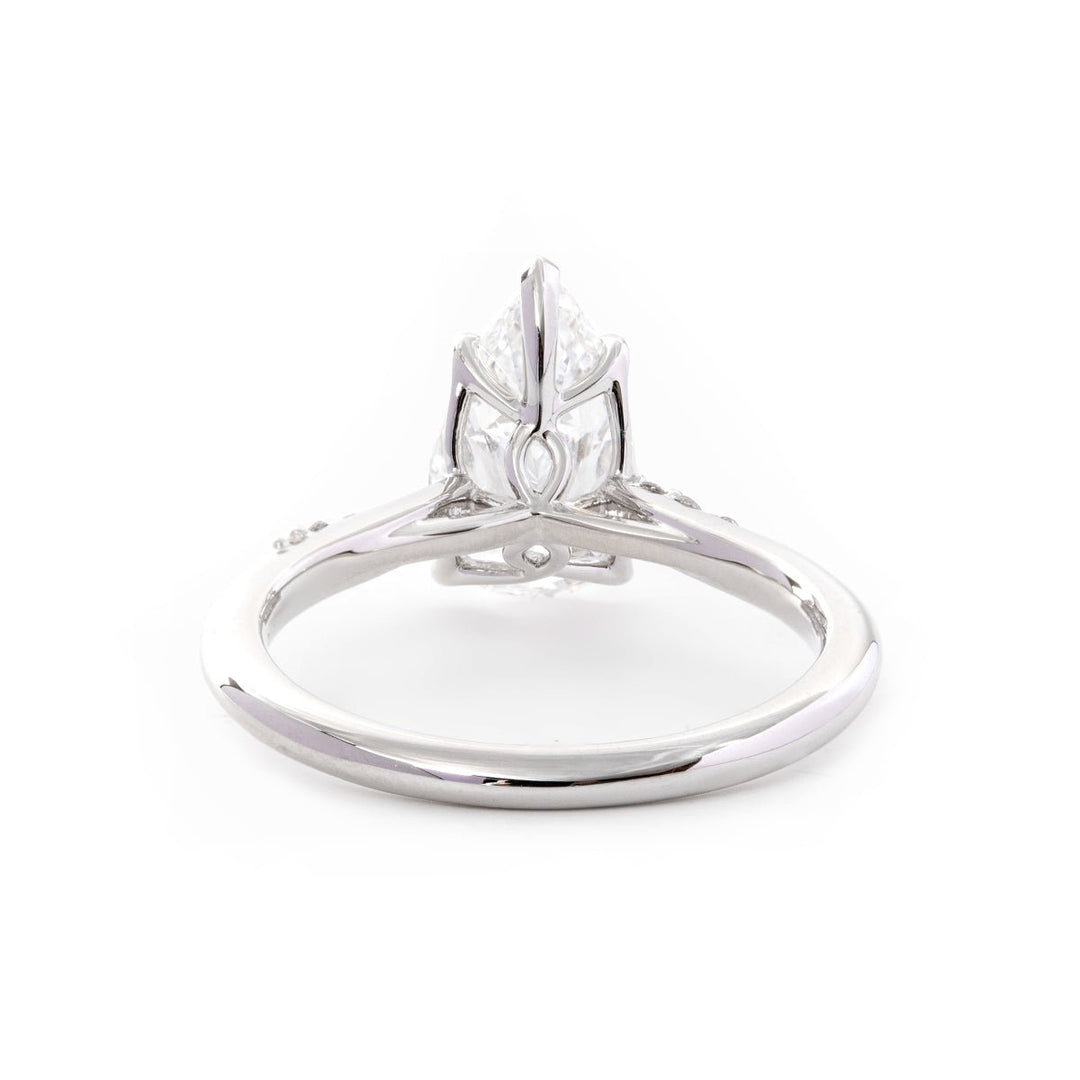 14K White Gold 2ct Pear Cut Lab Diamond Ring with Twist Pave Band and Floral Basket Head Design - FIORESE JEWELRY