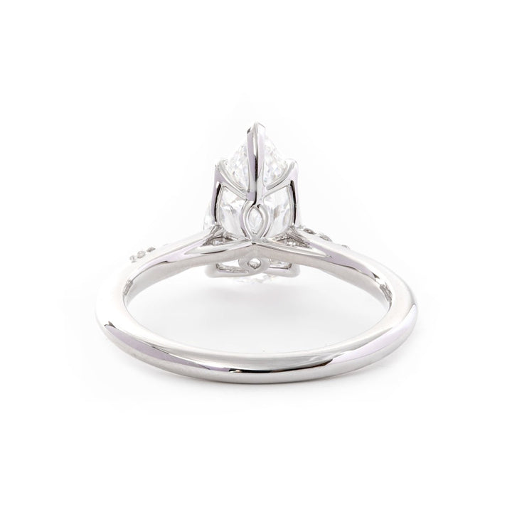 14K White Gold 2ct Pear Cut Lab Diamond Ring with Twist Pave Band and Floral Basket Head Design - FIORESE JEWELRY