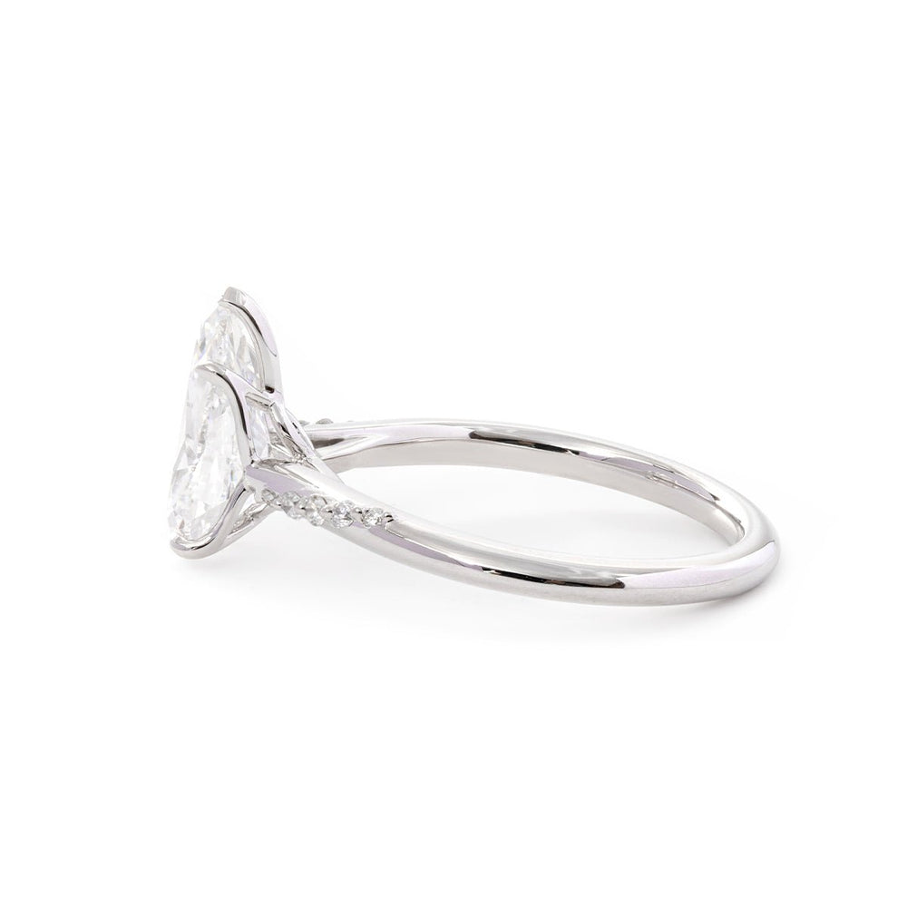 14K White Gold 2ct Pear Cut Lab Diamond Ring with Twist Pave Band and Floral Basket Head Design - FIORESE JEWELRY