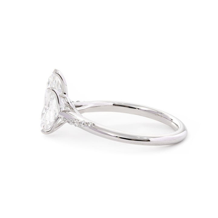 14K White Gold 2ct Pear Cut Lab Diamond Ring with Twist Pave Band and Floral Basket Head Design - FIORESE JEWELRY