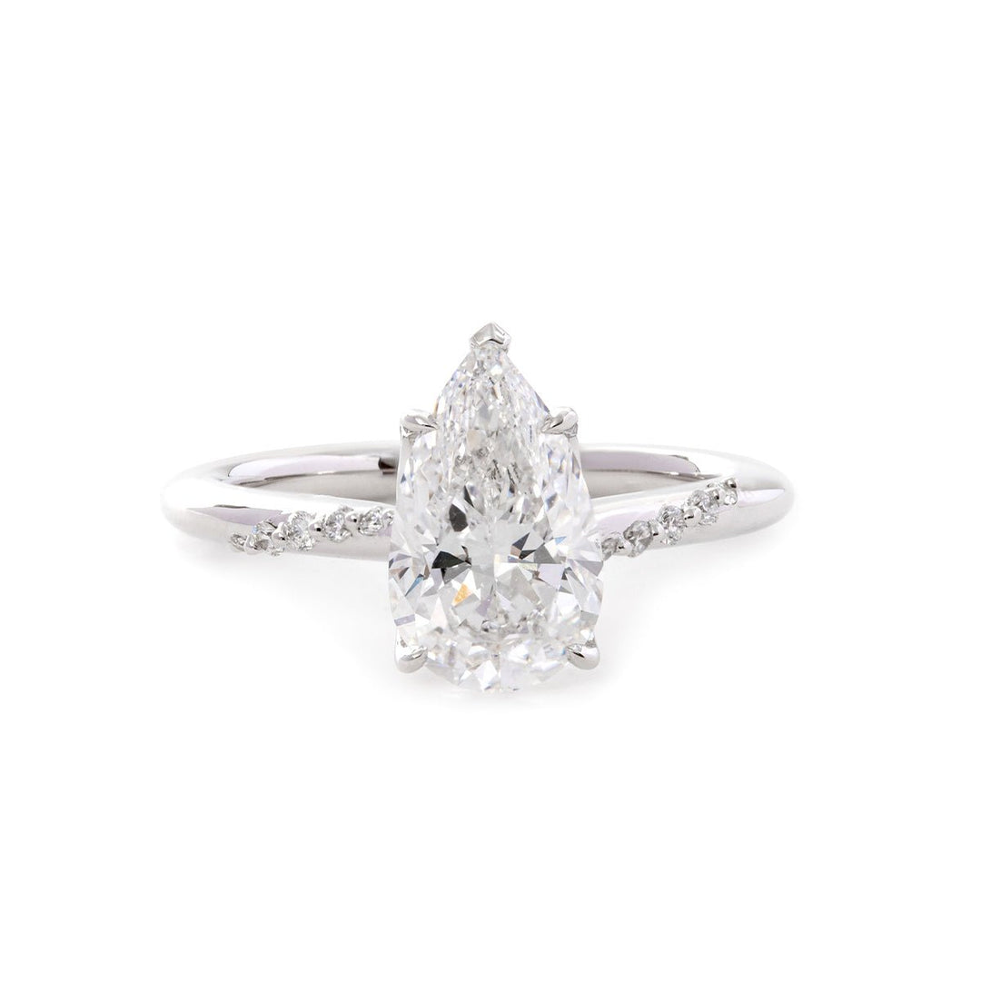 14K White Gold 2ct Pear Cut Lab Diamond Ring with Twist Pave Band and Floral Basket Head Design - FIORESE JEWELRY