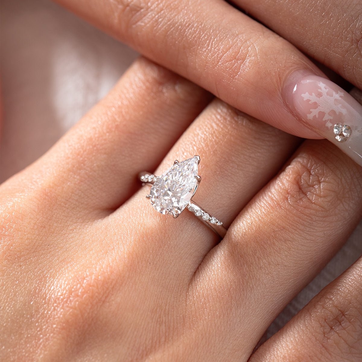 14K White Gold 2ct Pear Cut Lab Diamond Ring with Twist Pave Band and Floral Basket Head Design - FIORESE JEWELRY