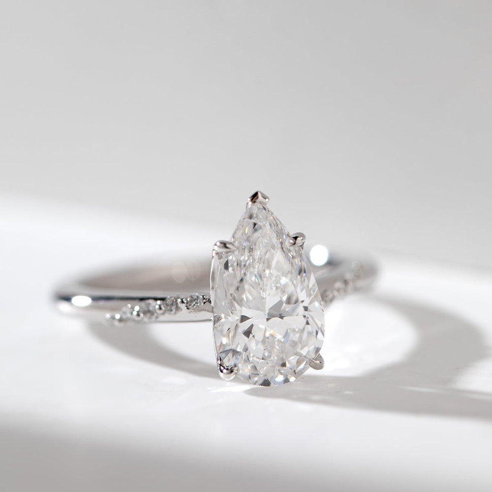 14K White Gold 2ct Pear Cut Lab Diamond Ring with Twist Pave Band and Floral Basket Head Design - FIORESE JEWELRY