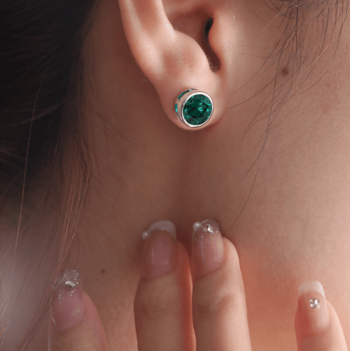 14K White Gold 3 ct tw Round Zambian Lab Emerald Bezel Stud Earrings - FIORESE JEWELRY