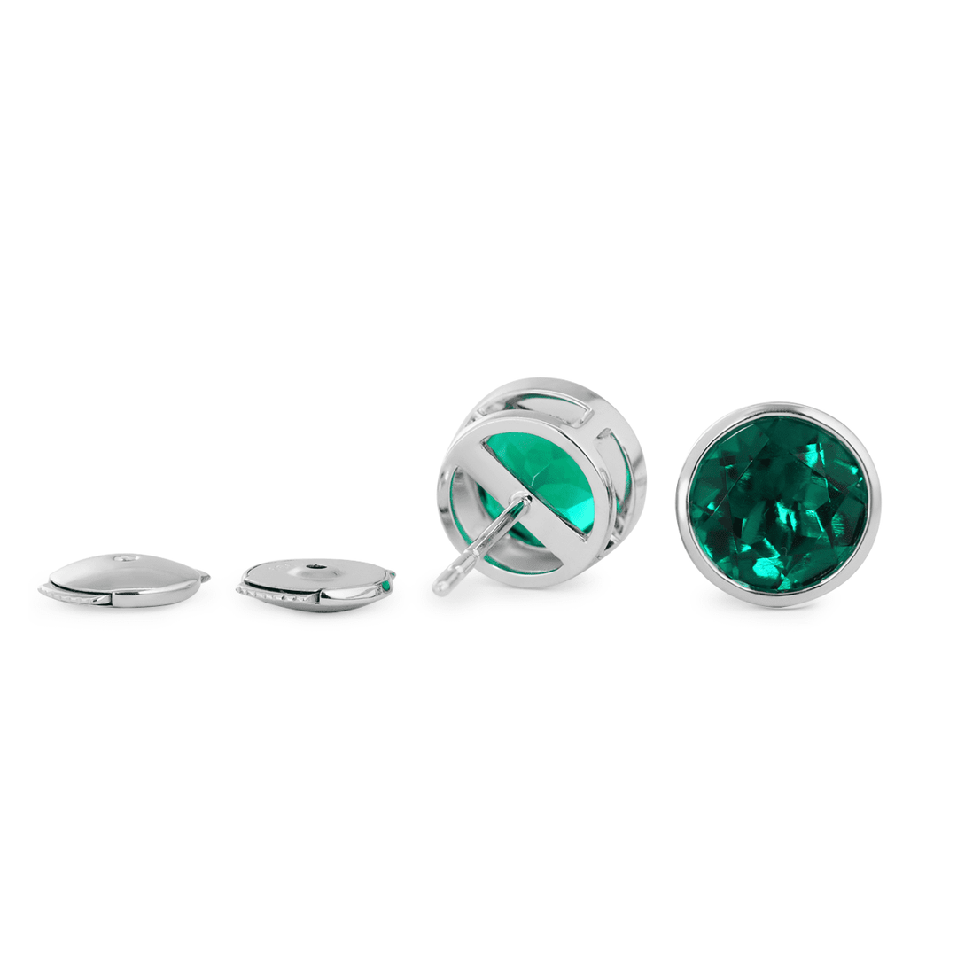 14K White Gold 3 ct tw Round Zambian Lab Emerald Bezel Stud Earrings - FIORESE JEWELRY