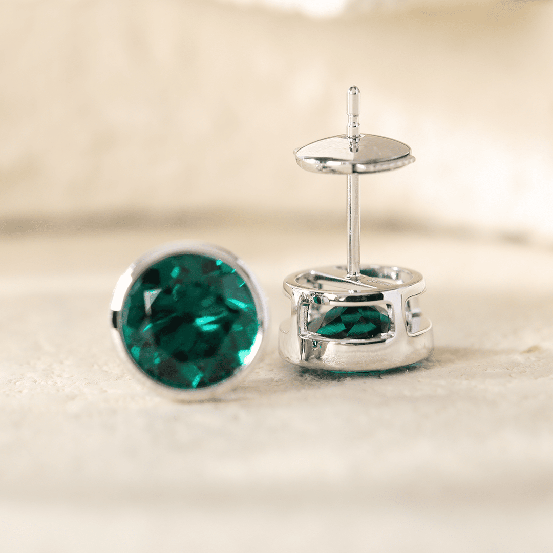 14K White Gold 3 ct tw Round Zambian Lab Emerald Bezel Stud Earrings - FIORESE JEWELRY