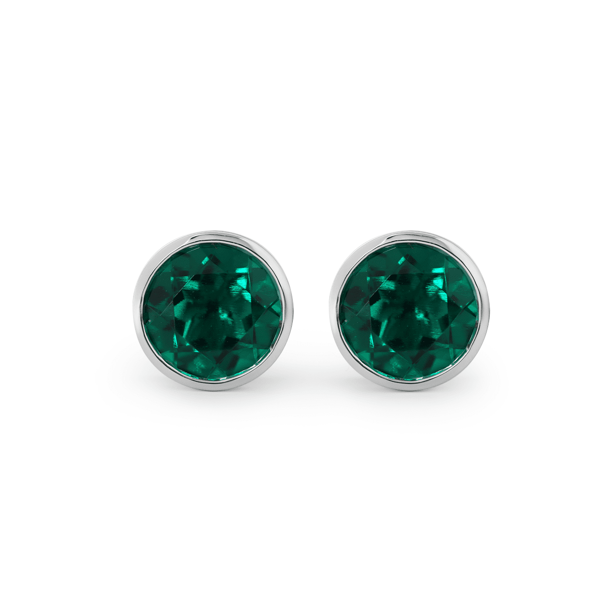14K White Gold 3 ct tw Round Zambian Lab Emerald Bezel Stud Earrings - FIORESE JEWELRY