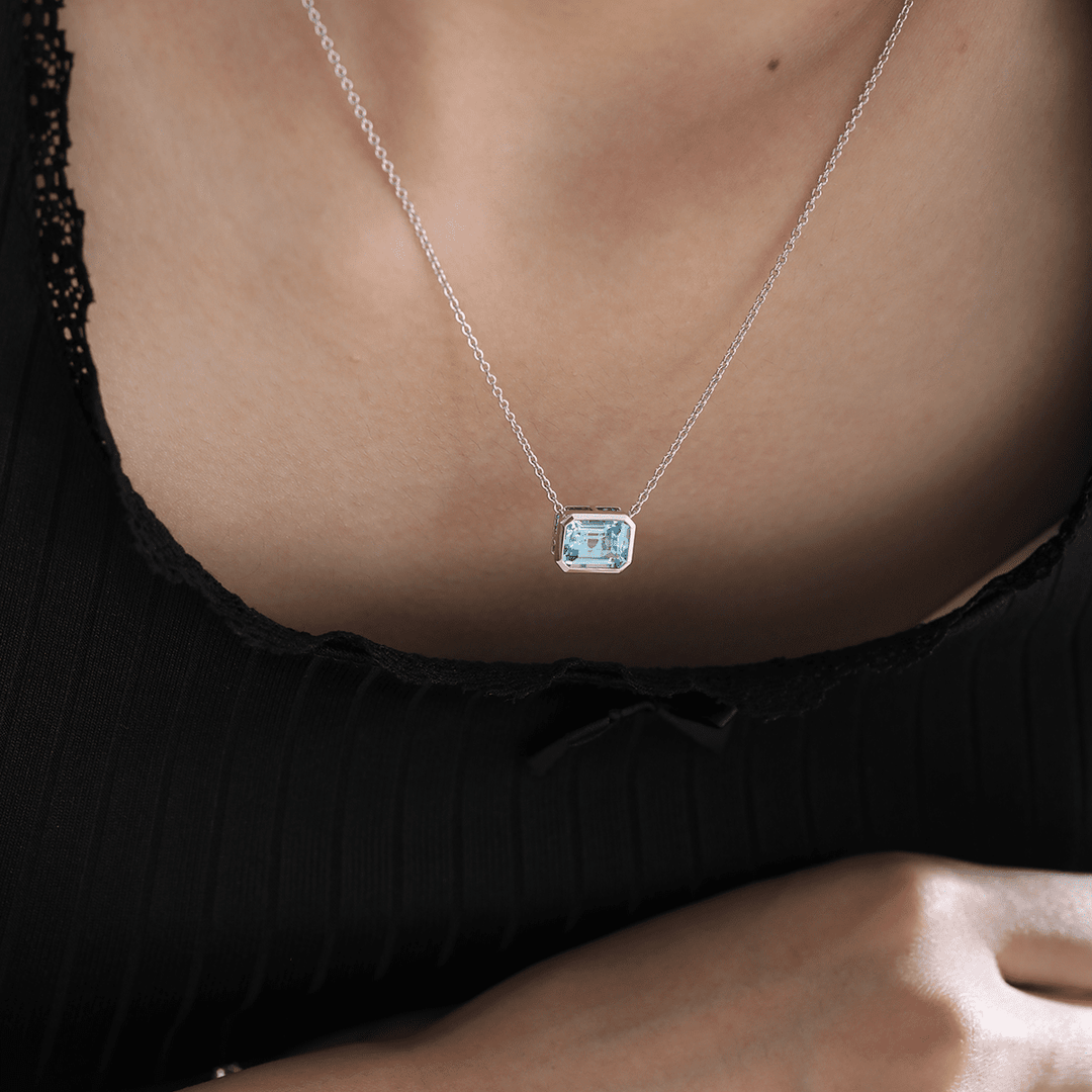 14K White Gold 3ct Aquamarine Blue Emerald Cut Lab Corundum Bezel Pendant Necklace - FIORESE JEWELRY