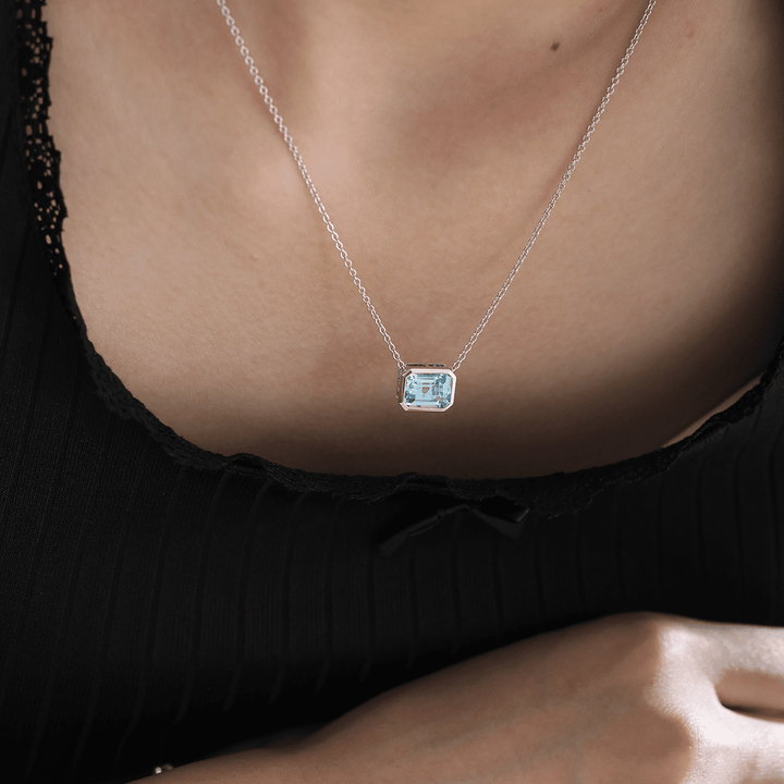 14K White Gold 3ct Aquamarine Blue Emerald Cut Lab Corundum Bezel Pendant Necklace - FIORESE JEWELRY