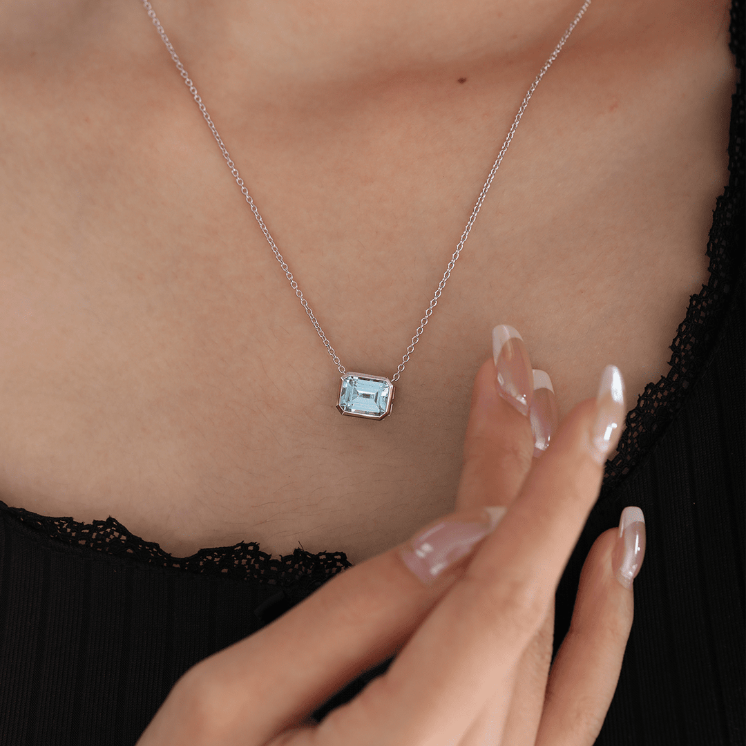 14K White Gold 3ct Aquamarine Blue Emerald Cut Lab Corundum Bezel Pendant Necklace - FIORESE JEWELRY