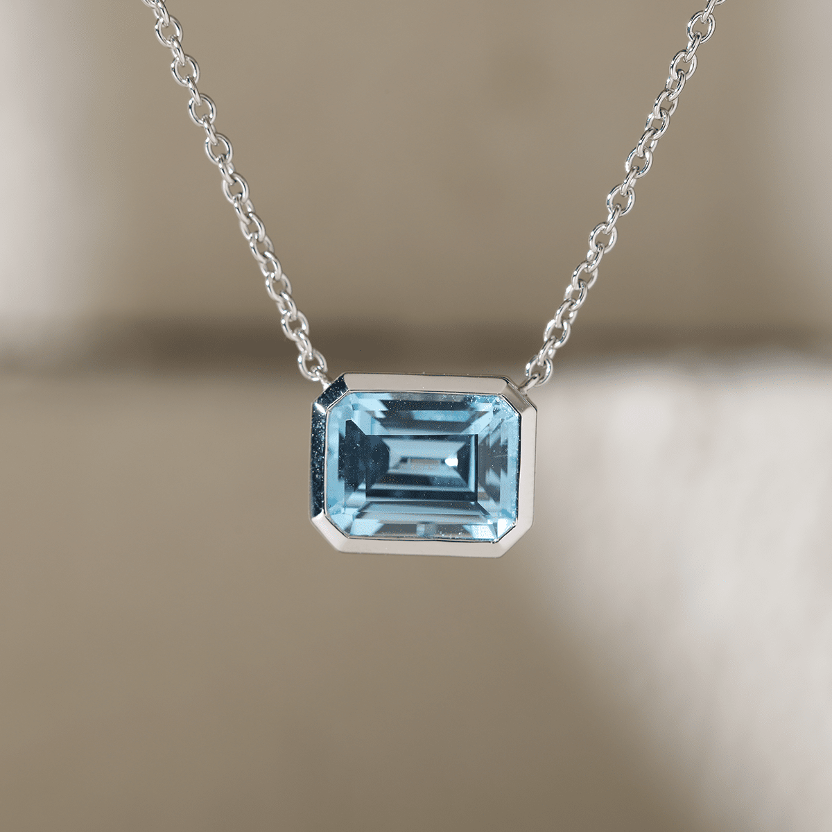 14K White Gold 3ct Aquamarine Blue Emerald Cut Lab Corundum Bezel Pendant Necklace - FIORESE JEWELRY