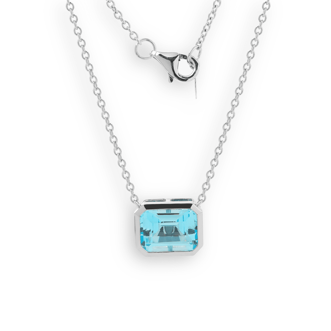 14K White Gold 3ct Aquamarine Blue Emerald Cut Lab Corundum Bezel Pendant Necklace - FIORESE JEWELRY