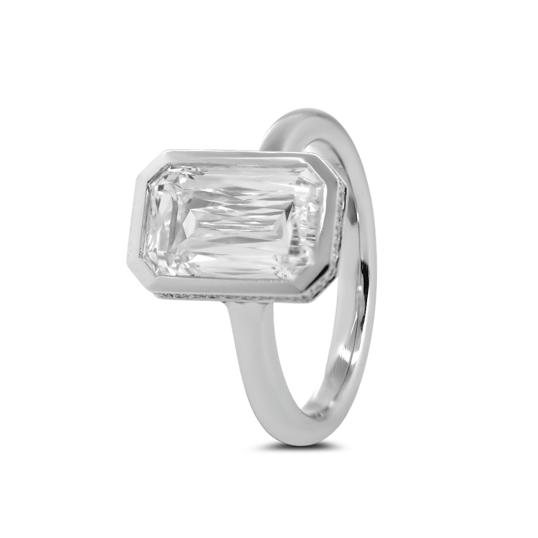 14K White Gold 3ct Criss Cut Bezel Ring with Round Lab Diamond Hidden Halo - FIORESE JEWELRY
