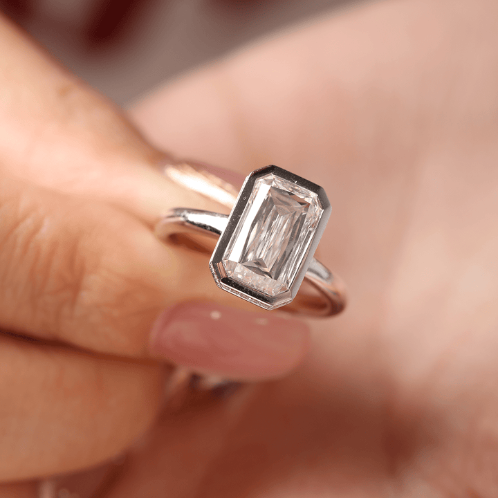 14K White Gold 3ct Criss Cut Bezel Ring with Round Lab Diamond Hidden Halo - FIORESE JEWELRY