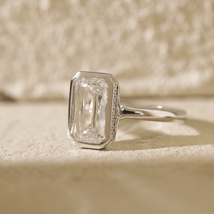 14K White Gold 3ct Criss Cut Bezel Ring with Round Lab Diamond Hidden Halo - FIORESE JEWELRY