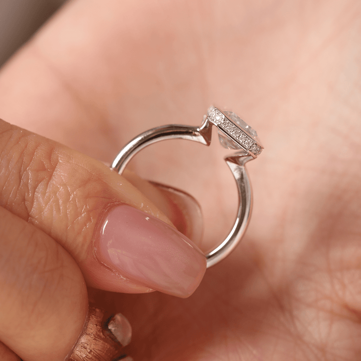14K White Gold 3ct Criss Cut Bezel Ring with Round Lab Diamond Hidden Halo - FIORESE JEWELRY
