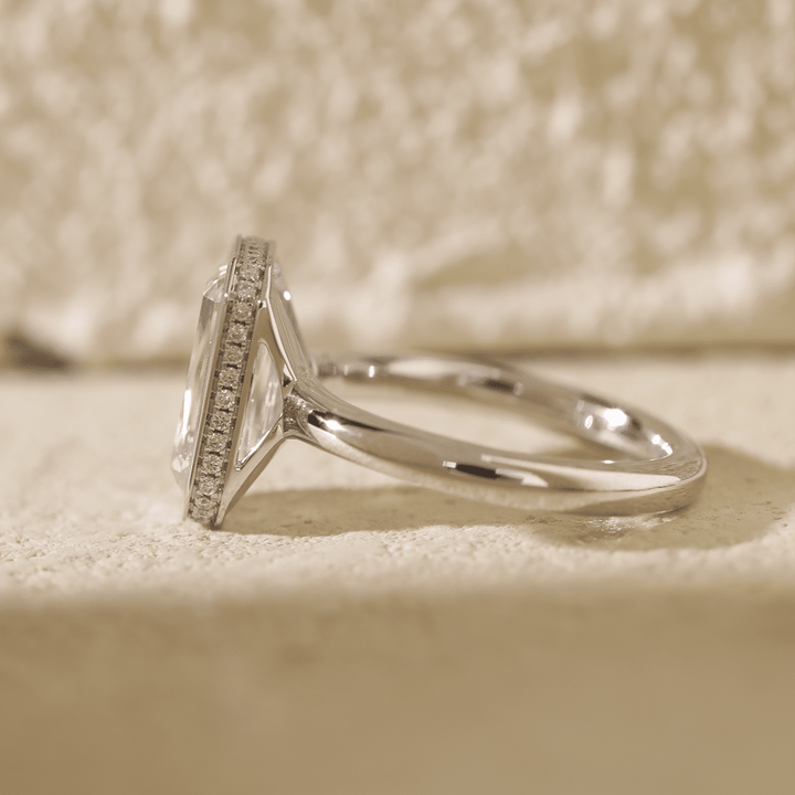 14K White Gold 3ct Criss Cut Bezel Ring with Round Lab Diamond Hidden Halo - FIORESE JEWELRY