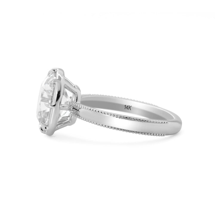 14K White Gold 3ct Elongated Old Mine Cut Lab Diamond 8 Claw Prong Basket Solitaire Ring with Millegrain Tapered Band Design - FIORESE JEWELRY
