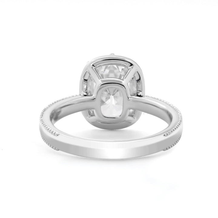 14K White Gold 3ct Elongated Old Mine Cut Lab Diamond 8 Claw Prong Basket Solitaire Ring with Millegrain Tapered Band Design - FIORESE JEWELRY