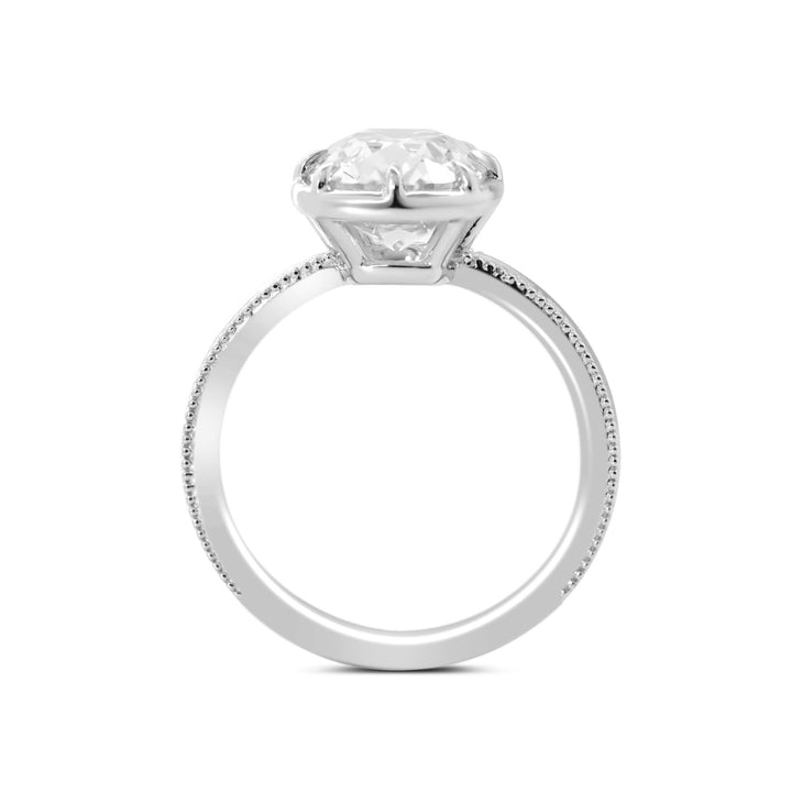 14K White Gold 3ct Elongated Old Mine Cut Lab Diamond 8 Claw Prong Basket Solitaire Ring with Millegrain Tapered Band Design - FIORESE JEWELRY