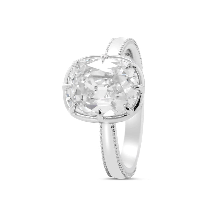 14K White Gold 3ct Elongated Old Mine Cut Lab Diamond 8 Claw Prong Basket Solitaire Ring with Millegrain Tapered Band Design - FIORESE JEWELRY