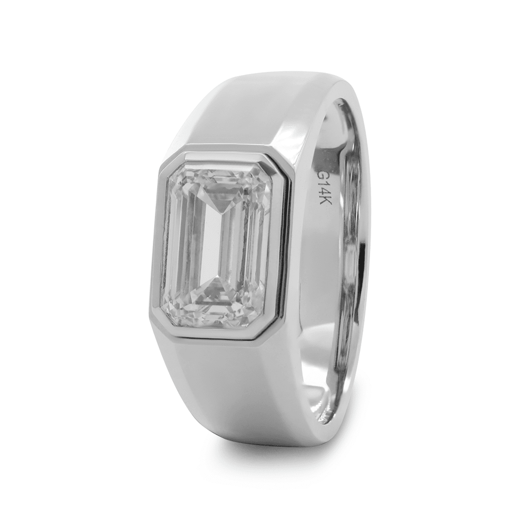 14K White Gold 3ct Emerald Cut Lab Diamond Bezel Men's Ring in Tapered Band Design - FIORESE JEWELRY