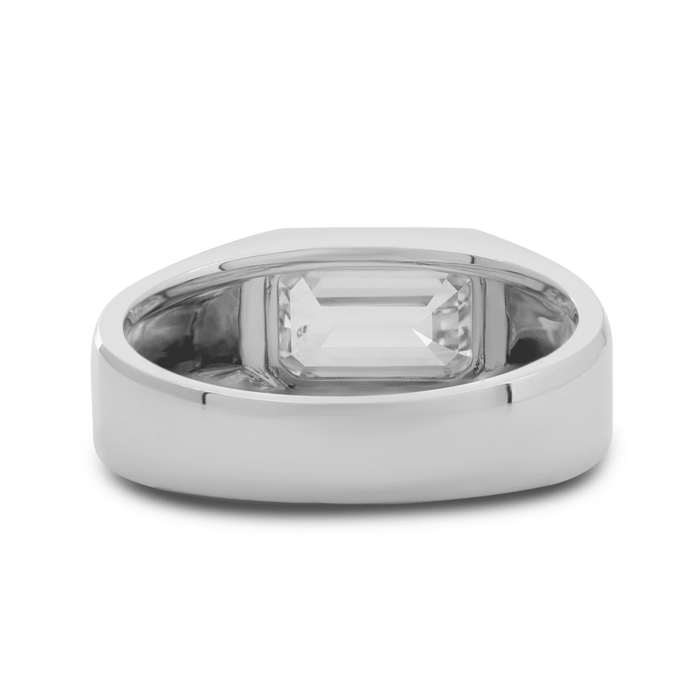 14K White Gold 3ct Emerald Cut Lab Diamond Bezel Men's Ring in Tapered Band Design - FIORESE JEWELRY