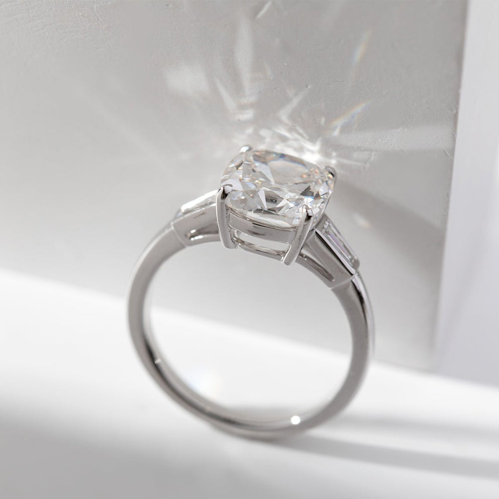 14K White Gold 3ct Old Mine Cut Diamond Tapered Three - Stone Ring - FIORESE JEWELRY