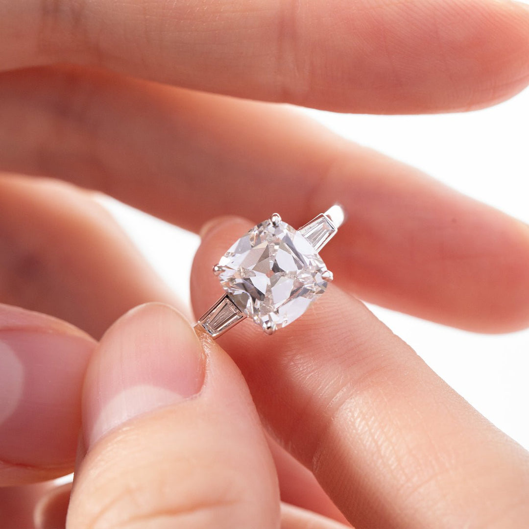 14K White Gold 3ct Old Mine Cut Diamond Tapered Three - Stone Ring - FIORESE JEWELRY
