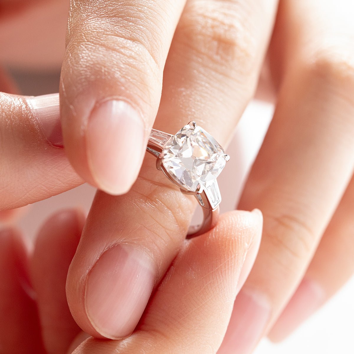 14K White Gold 3ct Old Mine Cut Diamond Tapered Three - Stone Ring - FIORESE JEWELRY