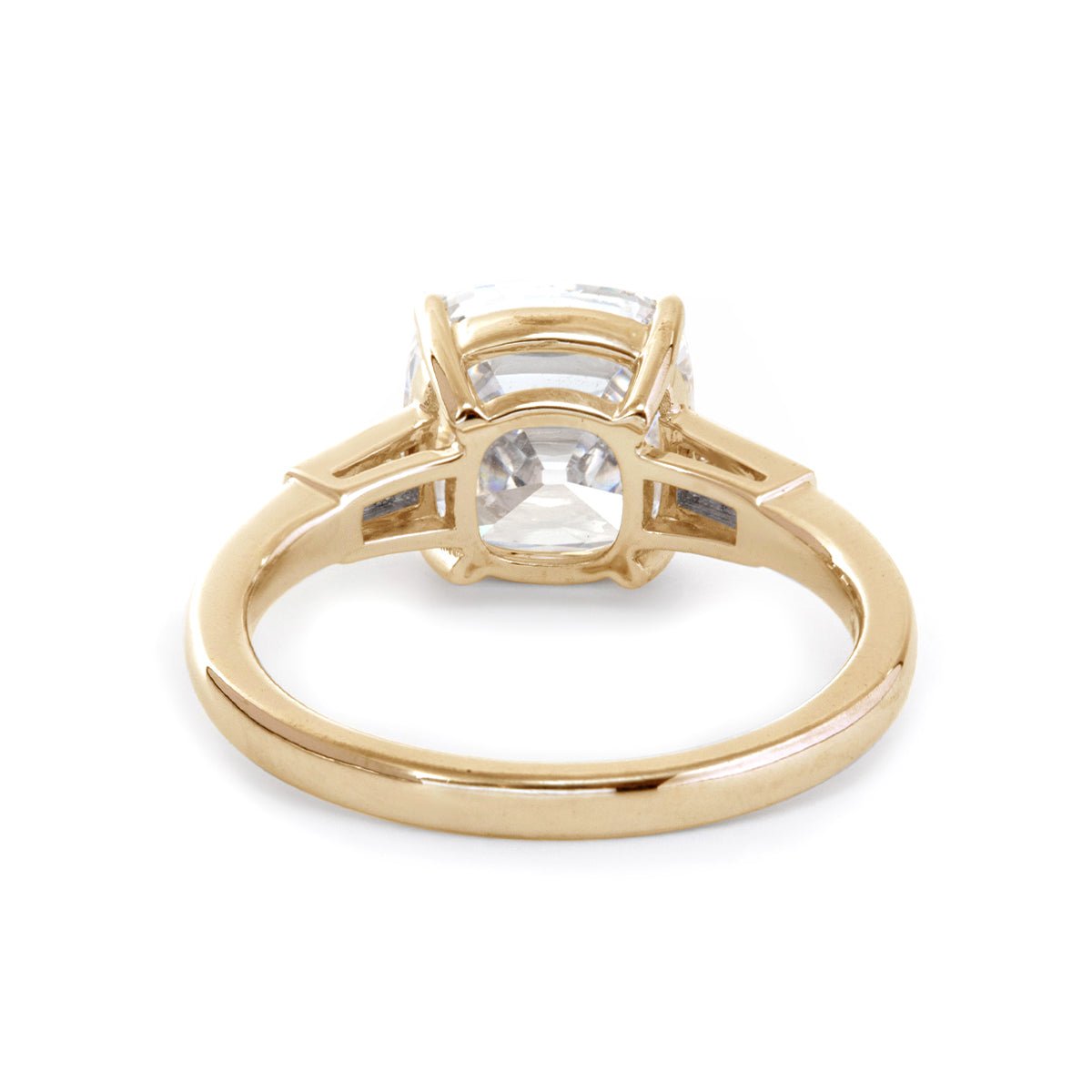 Old Mine-Cut Lab Diamond Three-Stone Engagement Ring with Claw-Prong Basket Setting and Tapered Baguette Bezel-Set Side Stones