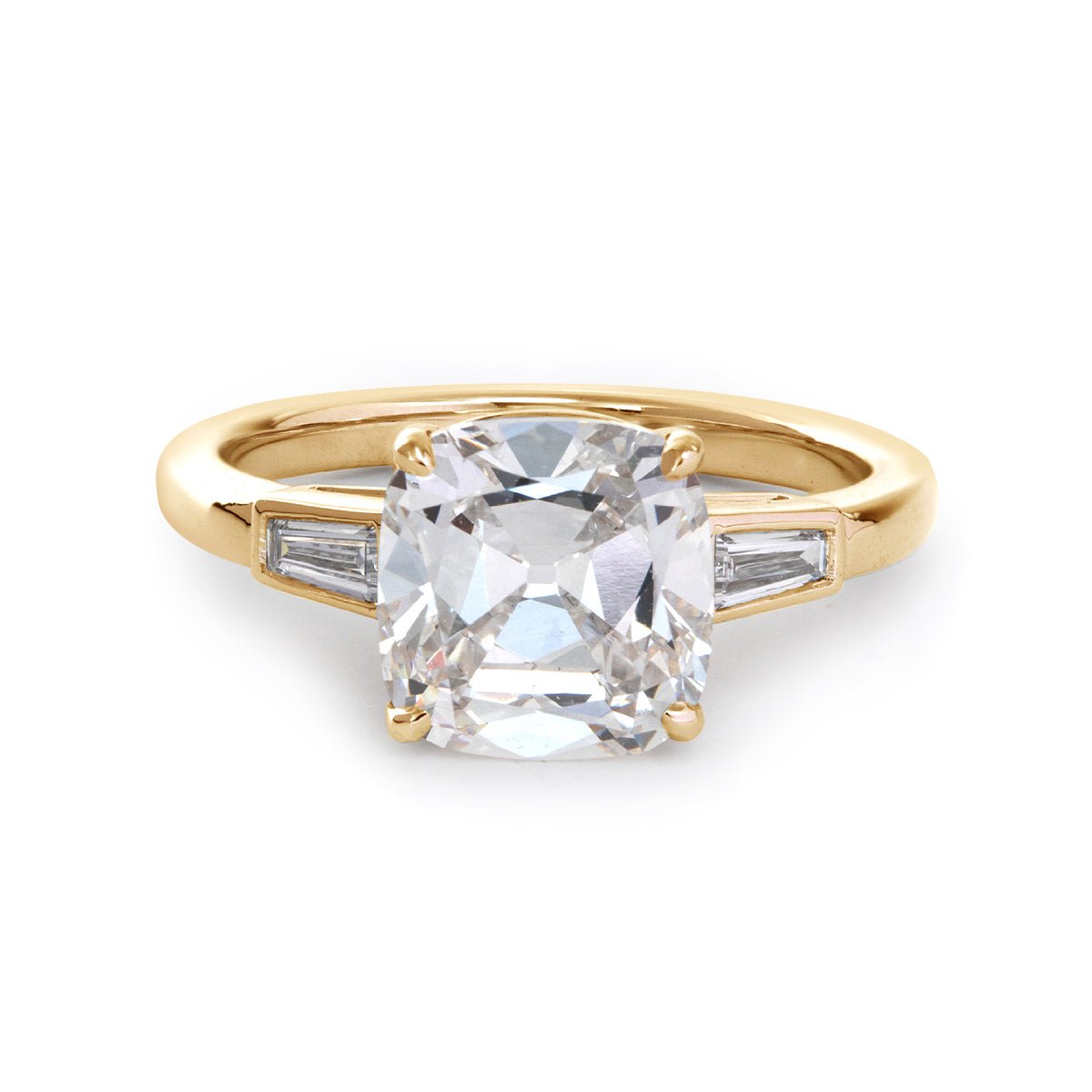 Old Mine-Cut Lab Diamond Three-Stone Engagement Ring with Claw-Prong Basket Setting and Tapered Baguette Bezel-Set Side Stones