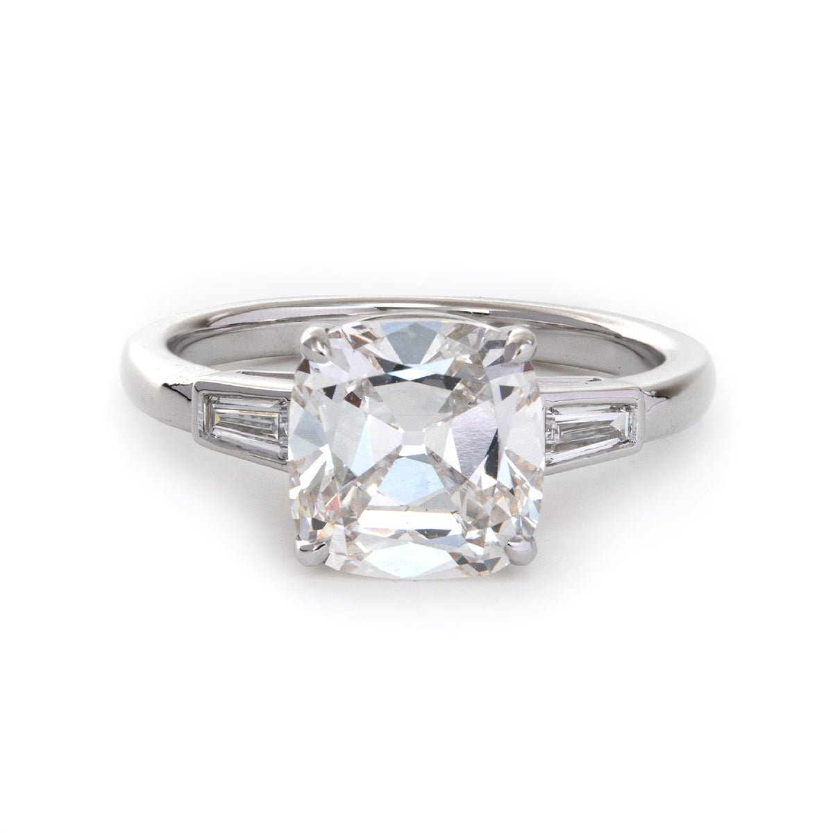 14K White Gold 3ct Old Mine Cut Diamond Tapered Three - Stone Ring - FIORESE JEWELRY