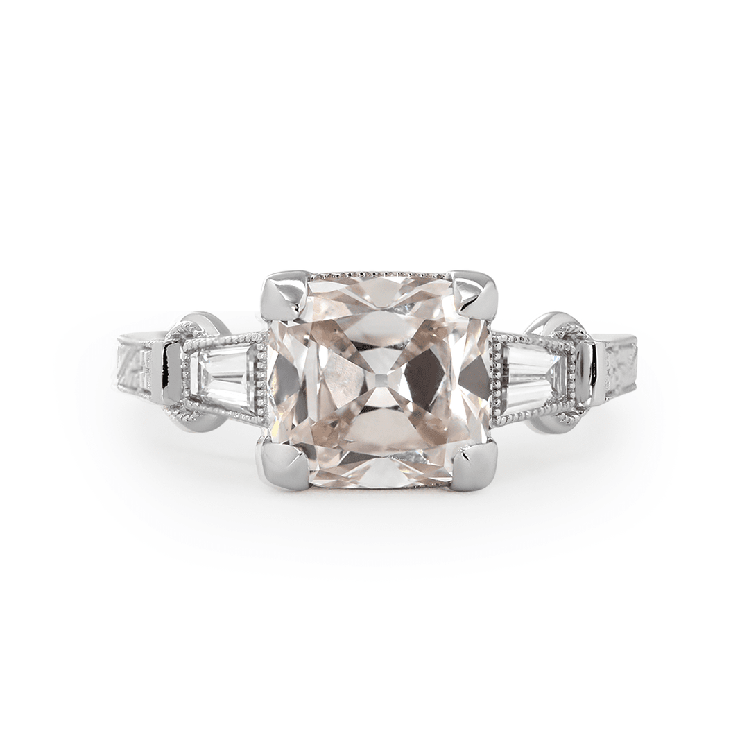 14K White Gold 3ct Old Mine Cut Lab Diamond Art Deco Style Vintage Engraved Three - stone Ring with Tapered Baguette Cut Side Stones - FIORESE JEWELRY