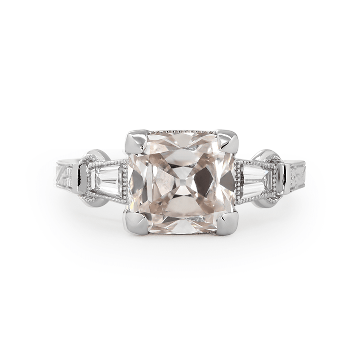 14K White Gold 3ct Old Mine Cut Lab Diamond Art Deco Style Vintage Engraved Three - stone Ring with Tapered Baguette Cut Side Stones - FIORESE JEWELRY