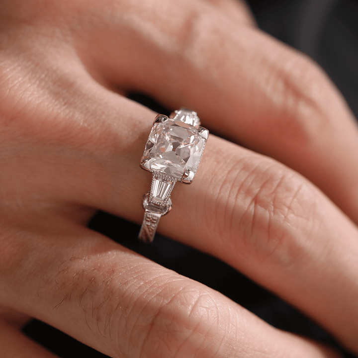 14K White Gold 3ct Old Mine Cut Lab Diamond Art Deco Style Vintage Engraved Three - stone Ring with Tapered Baguette Cut Side Stones - FIORESE JEWELRY